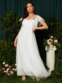 SHEIN 孕婦貼花蝴蝶袖網紗覆蓋連衣裙