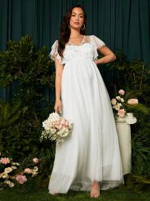 SHEIN 孕婦貼花蝴蝶袖網紗覆蓋連衣裙