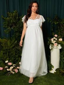 SHEIN 孕婦貼花蝴蝶袖網紗覆蓋連衣裙