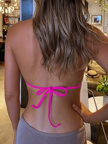 SHEIN Swim Summer Beach Halter Triangle Bikini Top - Hot Pink - View 5