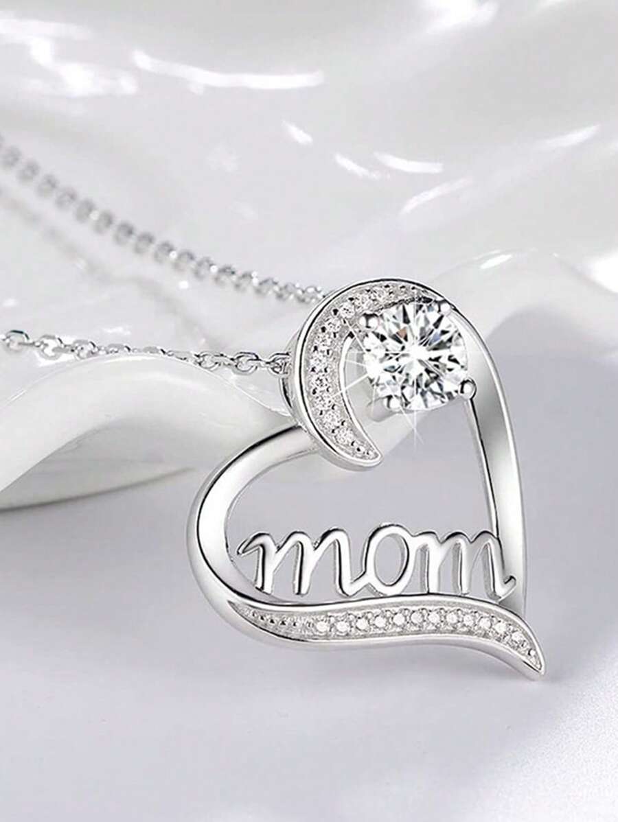 1 件时尚水钻和字母装饰心形吊坠项链，适合女士，母亲节礼物，情人节、妈妈、母亲、母亲节、礼物