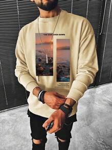 Manfinity Homme Men Slogan & Scenery Print Pullover - Khaki - View 1