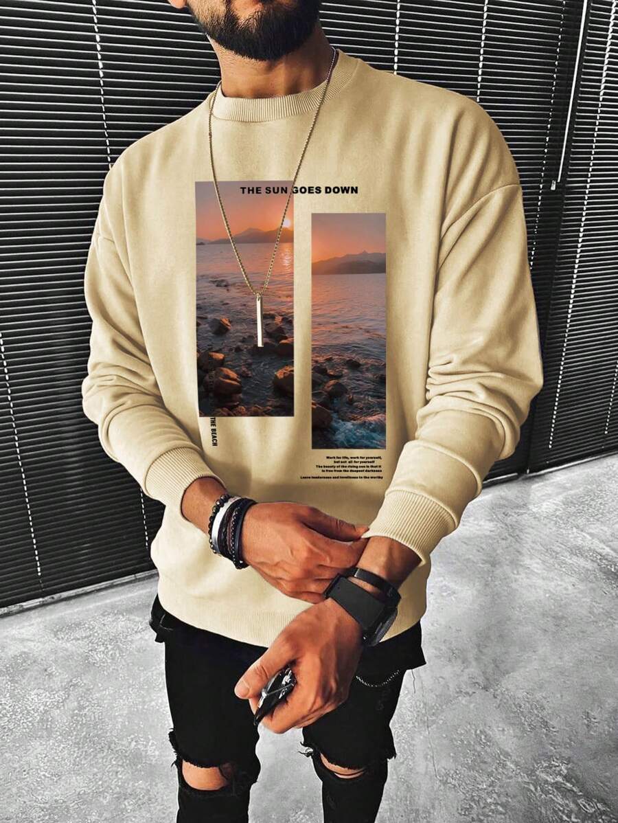 Manfinity Homme Men Slogan & Scenery Print Pullover - Khaki - View 1