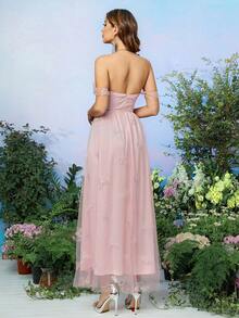 Double Crazy 一字肩蝴蝶刺繡網紗連衣裙 - 粉色 - 查看 2