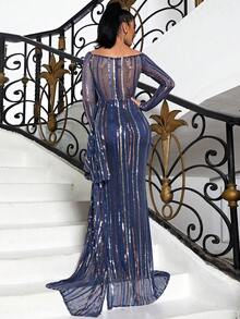 Missord 一字肩側垂高衩亮片正式連衣裙 - 藍色 - 查看 2