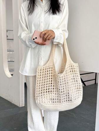 ENBEI Bolso de compras minimalista y ligero de gran capacidad con diseño calado tejido a ganchillo para mujer, bolso de playa, artículos esenciales para vacaciones, bolso de gran capacidad, bolso blanco, bolsos para mujer, bolso de gran capacidad para viajes, bolso escolar, artículos esenciales para viajes, combina perfectamente con atuendos de otoño, regalos de Navidad