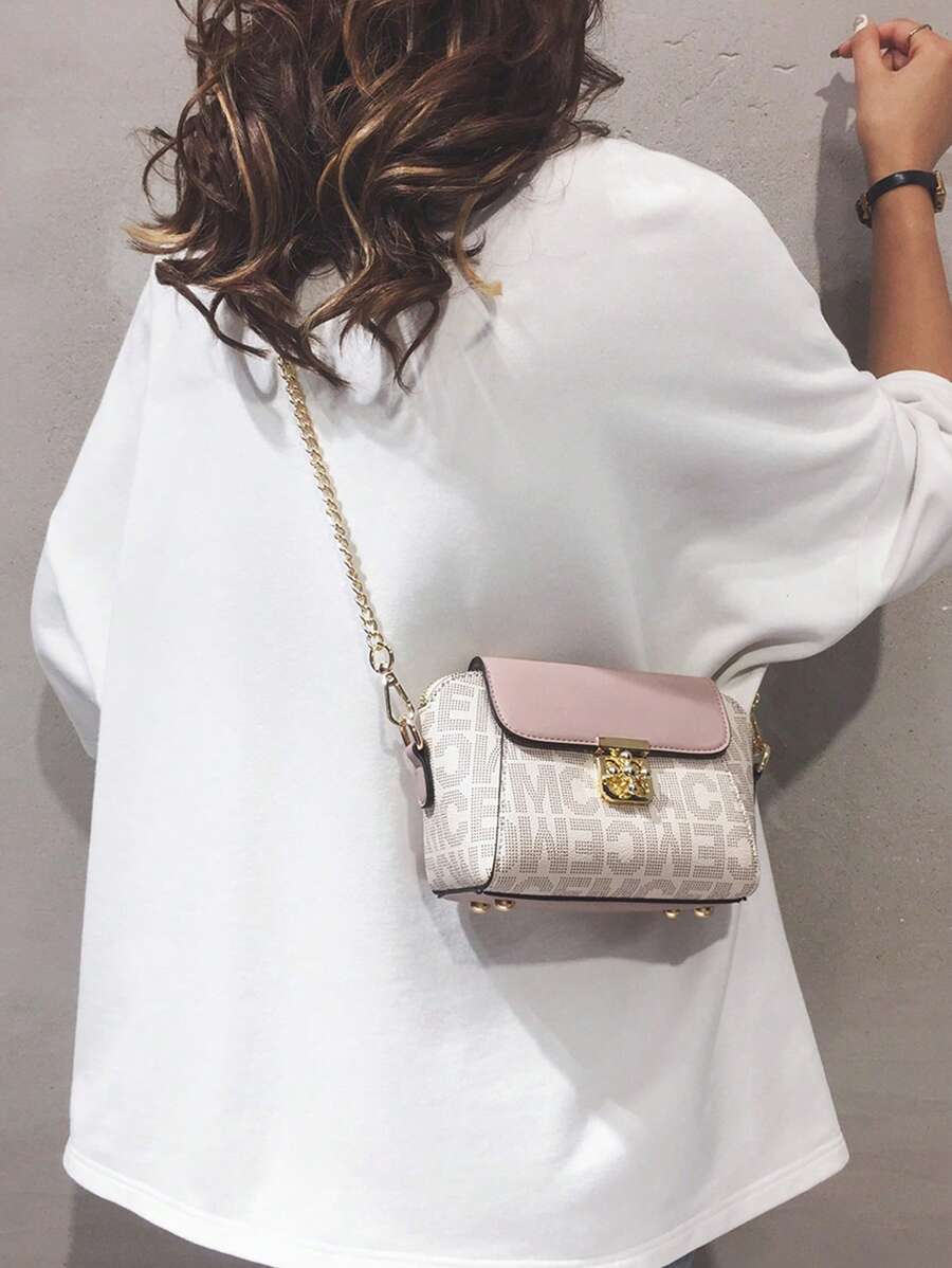 Bolsa cuadrada mini con estampado de letra con solapa con cadena PU de moda - Multicolor - Ver 1