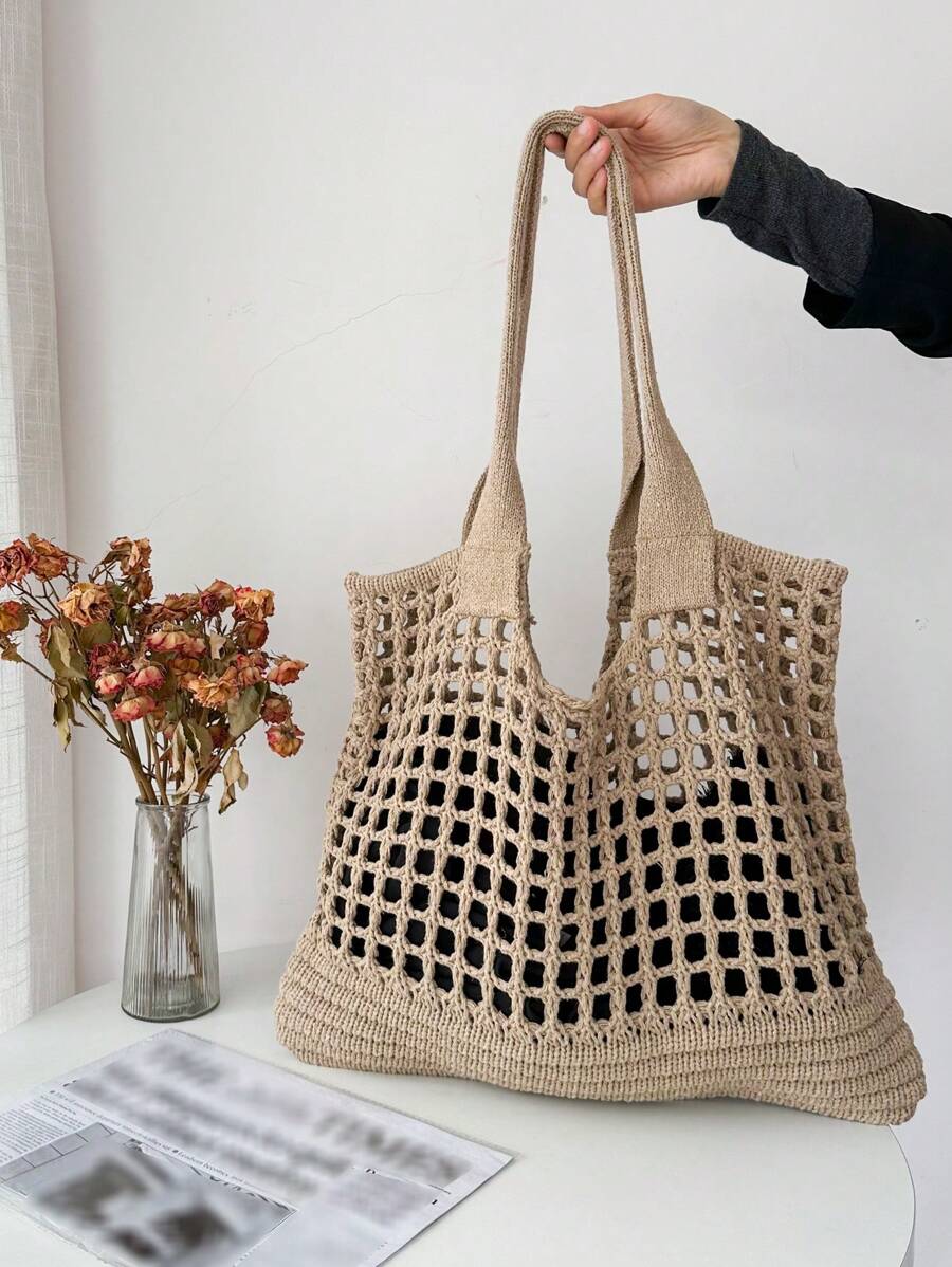 女式簡約大容量鏤空編織購物袋鉤針包，大容量手提包，適合工作和旅行書包，適合畢業生，青少年女孩，新生，大二，大學初中和高中，非常適合戶外、旅行和背包去學校 - 卡其色 - 查看 1