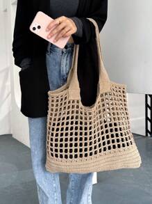 女式簡約大容量鏤空編織購物袋鉤針包，大容量手提包，適合工作和旅行書包，適合畢業生，青少年女孩，新生，大二，大學初中和高中，非常適合戶外、旅行和背包去學校 - 卡其色 - 查看 3