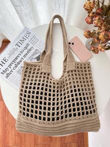 女式簡約大容量鏤空編織購物袋鉤針包，大容量手提包，適合工作和旅行書包，適合畢業生，青少年女孩，新生，大二，大學初中和高中，非常適合戶外、旅行和背包去學校 - 卡其色 - 查看 6