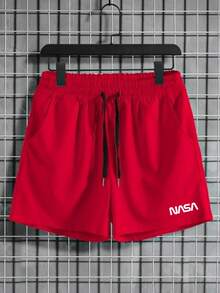 Manfinity Homme Quần Short Nam Dây kéo Túi Lá thư Giải trí - Màu Đỏ Sâu - Xem 4