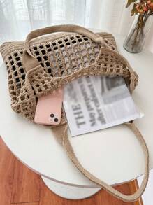 女式簡約大容量鏤空編織購物袋鉤針包，大容量手提包，適合工作和旅行書包，適合畢業生，青少年女孩，新生，大二，大學初中和高中，非常適合戶外、旅行和背包去學校 - 卡其色 - 查看 5