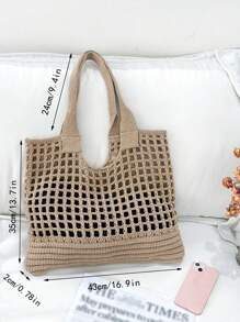 女式簡約大容量鏤空編織購物袋鉤針包，大容量手提包，適合工作和旅行書包，適合畢業生，青少年女孩，新生，大二，大學初中和高中，非常適合戶外、旅行和背包去學校 - 卡其色 - 查看 2