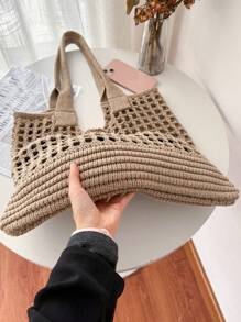 女式簡約大容量鏤空編織購物袋鉤針包，大容量手提包，適合工作和旅行書包，適合畢業生，青少年女孩，新生，大二，大學初中和高中，非常適合戶外、旅行和背包去學校 - 卡其色 - 查看 4
