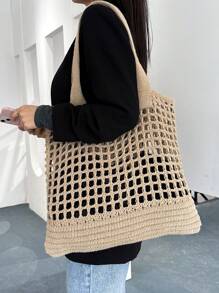 女式簡約大容量鏤空編織購物袋鉤針包，大容量手提包，適合工作和旅行書包，適合畢業生，青少年女孩，新生，大二，大學初中和高中，非常適合戶外、旅行和背包去學校 - 卡其色 - 查看 7