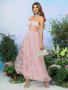 Double Crazy 一字肩蝴蝶刺繡網紗連衣裙 - 粉色 - 查看 6