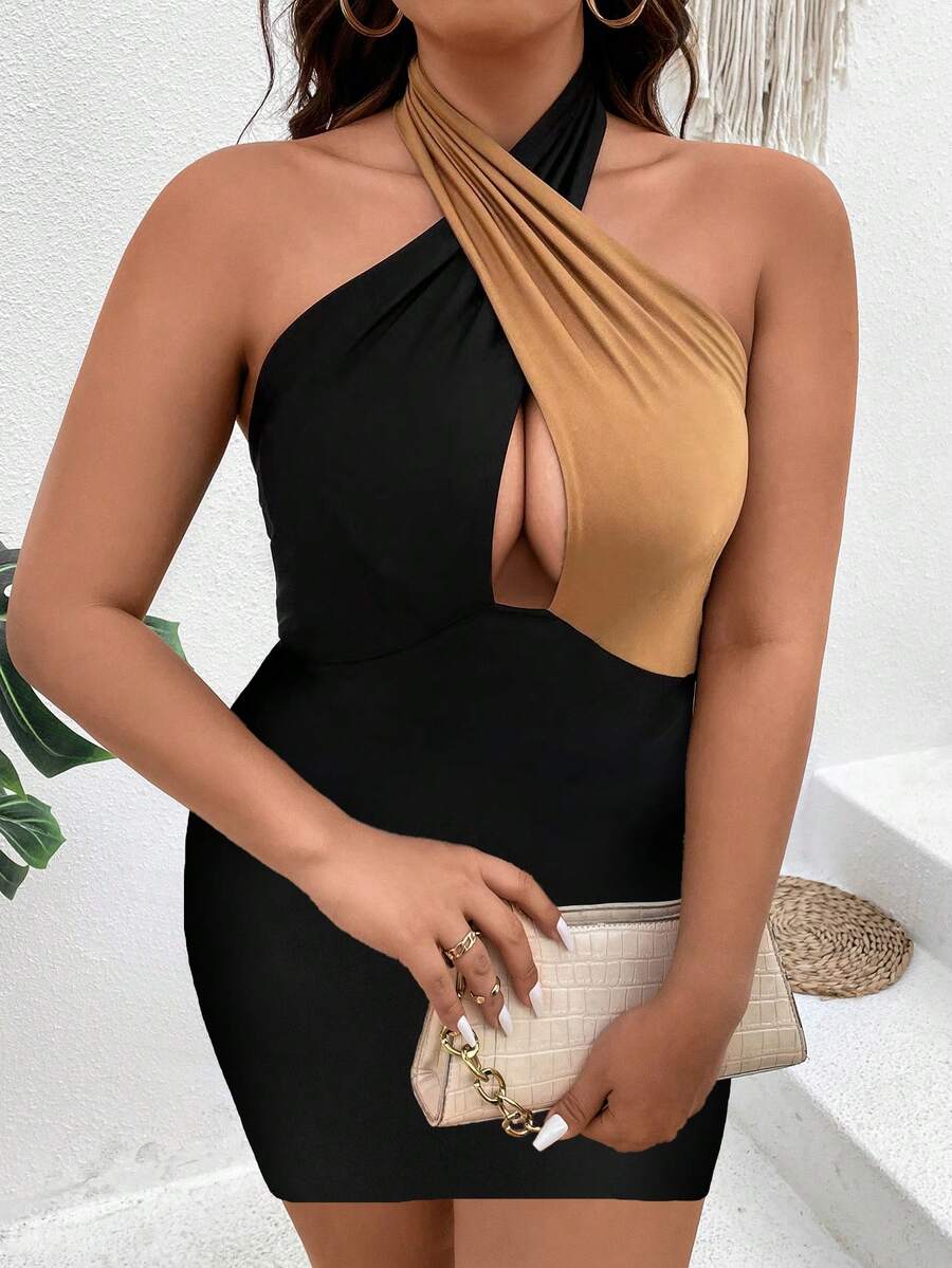 SHEIN LUNE 大碼雙色交叉圍裹後背繫帶吊脖緊身連衣裙 - 彩色 - 查看 1