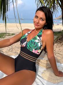 Summer Tropical Print Contrast Mesh Halter One Piece Swimsuit - Black - View 1