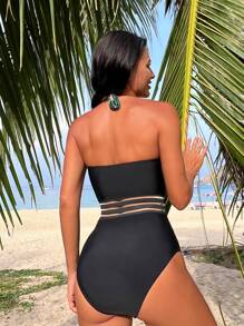 Summer Tropical Print Contrast Mesh Halter One Piece Swimsuit - Black - View 2
