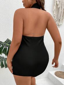 SHEIN LUNE 大碼雙色交叉圍裹後背繫帶吊脖緊身連衣裙 - 彩色 - 查看 2