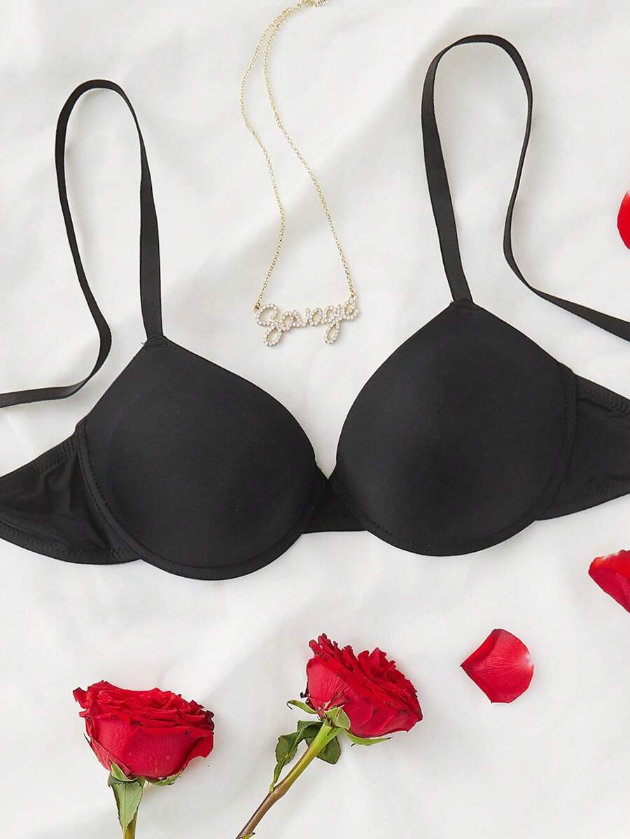 SHEIN حمالة صدر موحدة اللون حلقة معدني - الأسود - مشاهدة 1