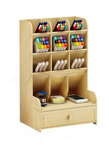 1入組木製文具收納盒，學生用簡約多格筆筒，辦公文具收納 - 白色 - 查看 1