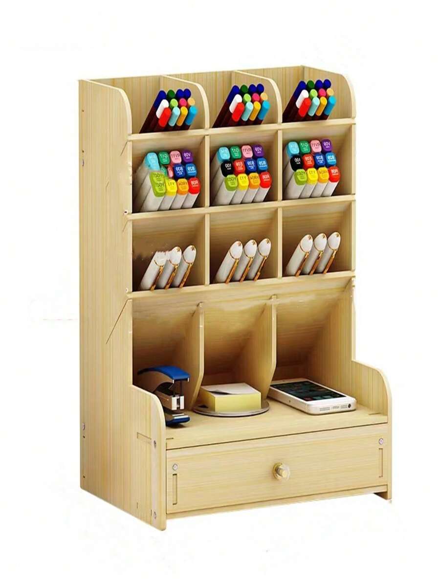 1入組木製文具收納盒，學生用簡約多格筆筒，辦公文具收納 - 白色 - 查看 1