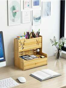 1入組木製文具收納盒，學生用簡約多格筆筒，辦公文具收納 - 白色 - 查看 8