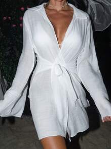 SHEIN Swim Solid Tie Front Kimono Summer - White - View 5