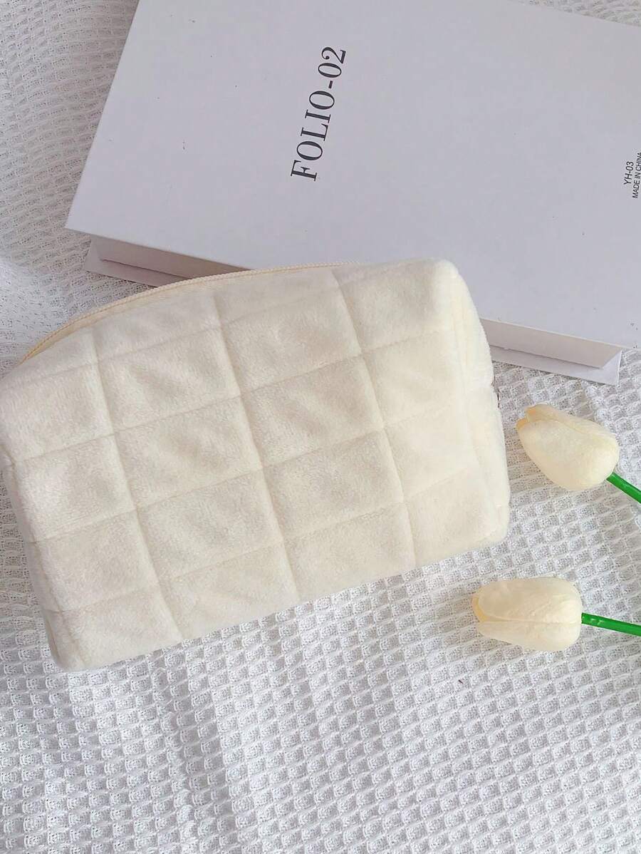 1 件纯色时尚休闲涤纶化妆包大容量多功能化妆品收纳化妆工具带拉链化妆收纳包便携式化妆包适用于旅行和大学宿舍适合女性和女孩旅行必需品情人节礼物女性礼物女孩礼物女友礼物被子简约 - 白色 - 查看 1