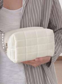 1 件纯色时尚休闲涤纶化妆包大容量多功能化妆品收纳化妆工具带拉链化妆收纳包便携式化妆包适用于旅行和大学宿舍适合女性和女孩旅行必需品情人节礼物女性礼物女孩礼物女友礼物被子简约 - 白色 - 查看 2