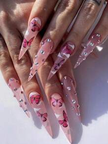 24 件长款细高跟蝴蝶印花假指甲、1 件指甲锉和 1 片胶带，用于指甲贴合，美甲用品，美甲 - 彩色 - 查看 1