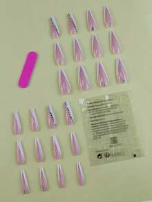 24入組長彎形法式白色閃粉假指甲，附1支指甲檔和1片膠帶壓縮假甲，美甲工具供應