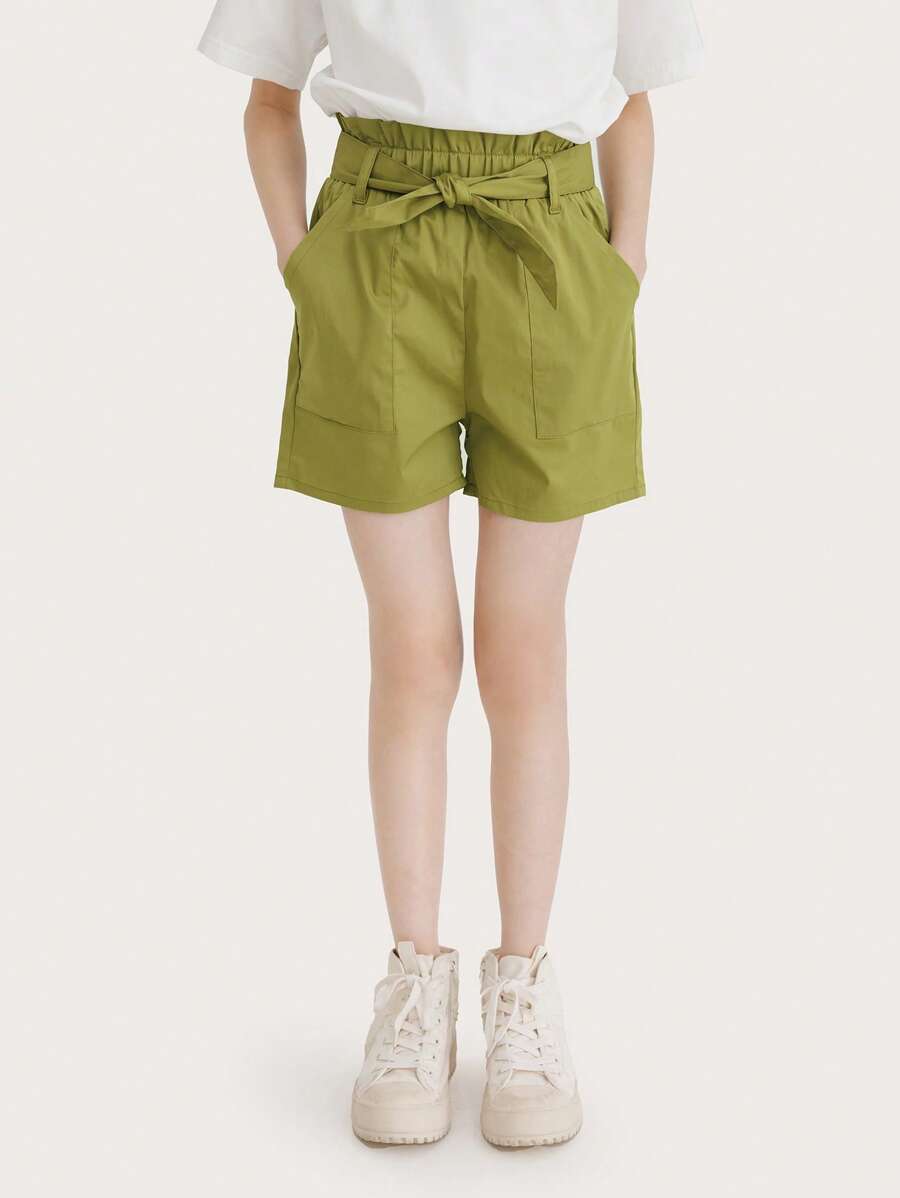 Tween Girl Paperbag Waist Shorts - Olive Green - View 1