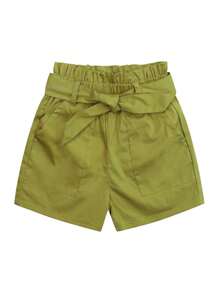 Tween Girl Paperbag Waist Shorts - Olive Green - View 3