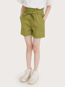 Tween Girl Paperbag Waist Shorts - Olive Green - View 5