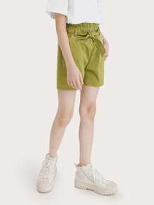 Tween Girl Paperbag Waist Shorts - Olive Green - View 6