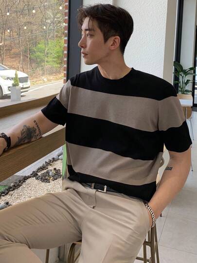 DAZY Hombres Top de punto de dos tonos de cuello redondo