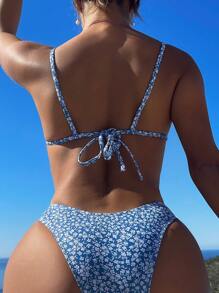 Swim Mod Summer Ditsy Floral Print Bikini Set Ring Linked Cami Bra & Cheeky Bottom 2 Pieces Bathing Suit