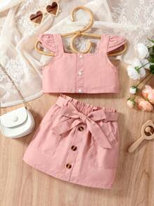 Baby Ruffle Trim Top & Paperbag Waist Belted Skirt - Pink - View 1