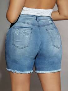 SHEIN SXY 大碼高腰破洞毛邊牛仔短褲 - 中等水洗藍 - 查看 2