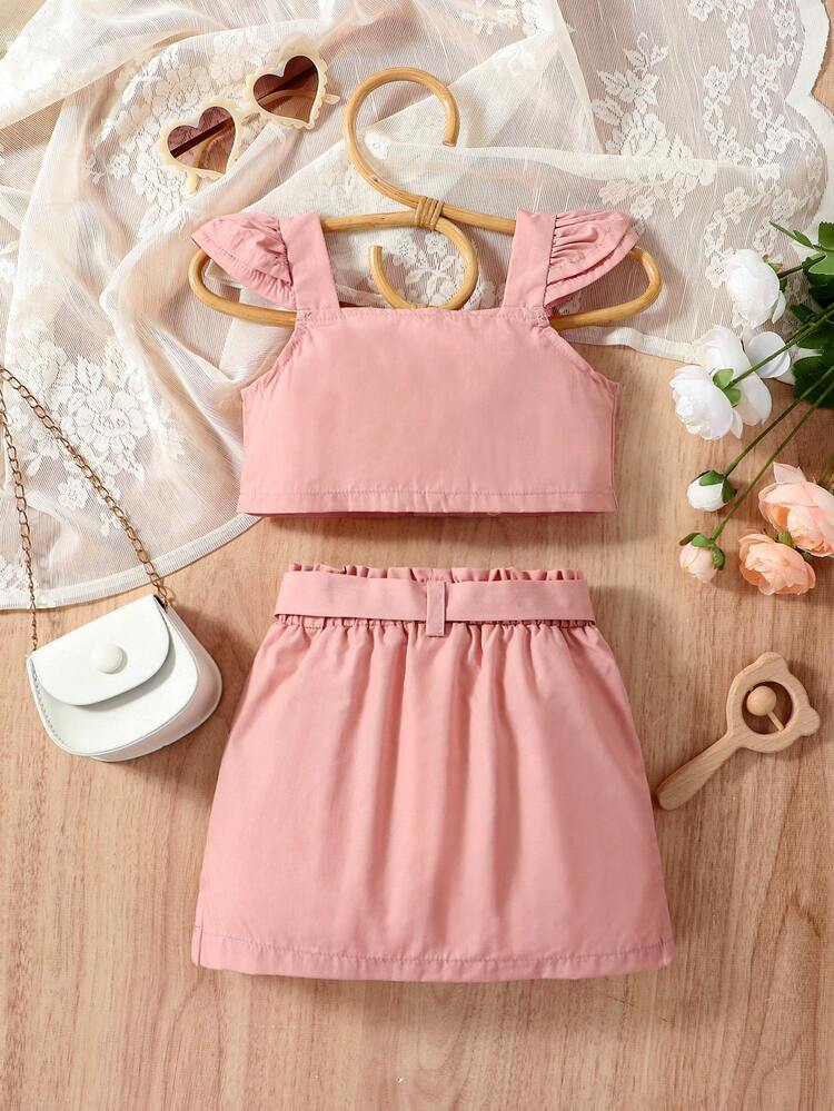 嬰兒荷葉邊上衣和紙袋腰腰帶半身裙 - 粉色 - 查看 2