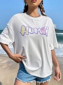 SHEIN EZwear Bear & Letter Graphic Drop Shoulder Tee - White - View 4