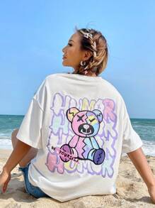 SHEIN EZwear Bear & Letter Graphic Drop Shoulder Tee - White - View 6
