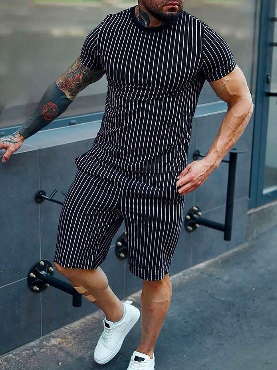 Manfinity Homme Men Striped Print Tee & Drawstring Waist Shorts - Navy Blue - View 1