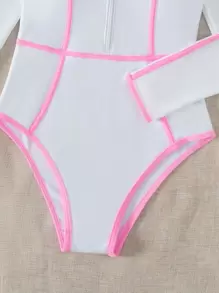 Swim Vcay Contrast Binding Zipper Front One Piece Swimsuit - White - View 4