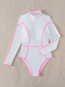 Swim Vcay Contrast Binding Zipper Front One Piece Swimsuit - White - View 6