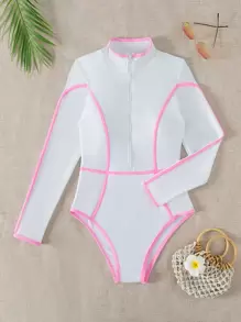 Swim Vcay Contrast Binding Zipper Front One Piece Swimsuit - White - View 7