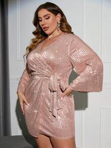 Double Crazy Vestido de cuello cruzado con cinturón con lentejuelas - Rosa Pálido - Ver 5