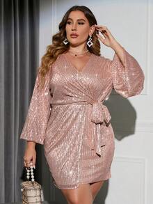 Double Crazy Vestido de cuello cruzado con cinturón con lentejuelas - Rosa Pálido - Ver 6